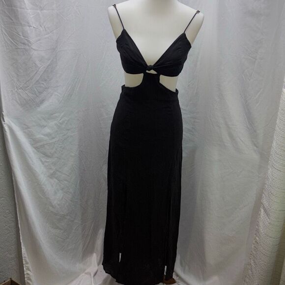 VIX Paula Hermanny Leda Long Maxi Cut Out Dress Black Linen Sz M - Picture 2 of 13